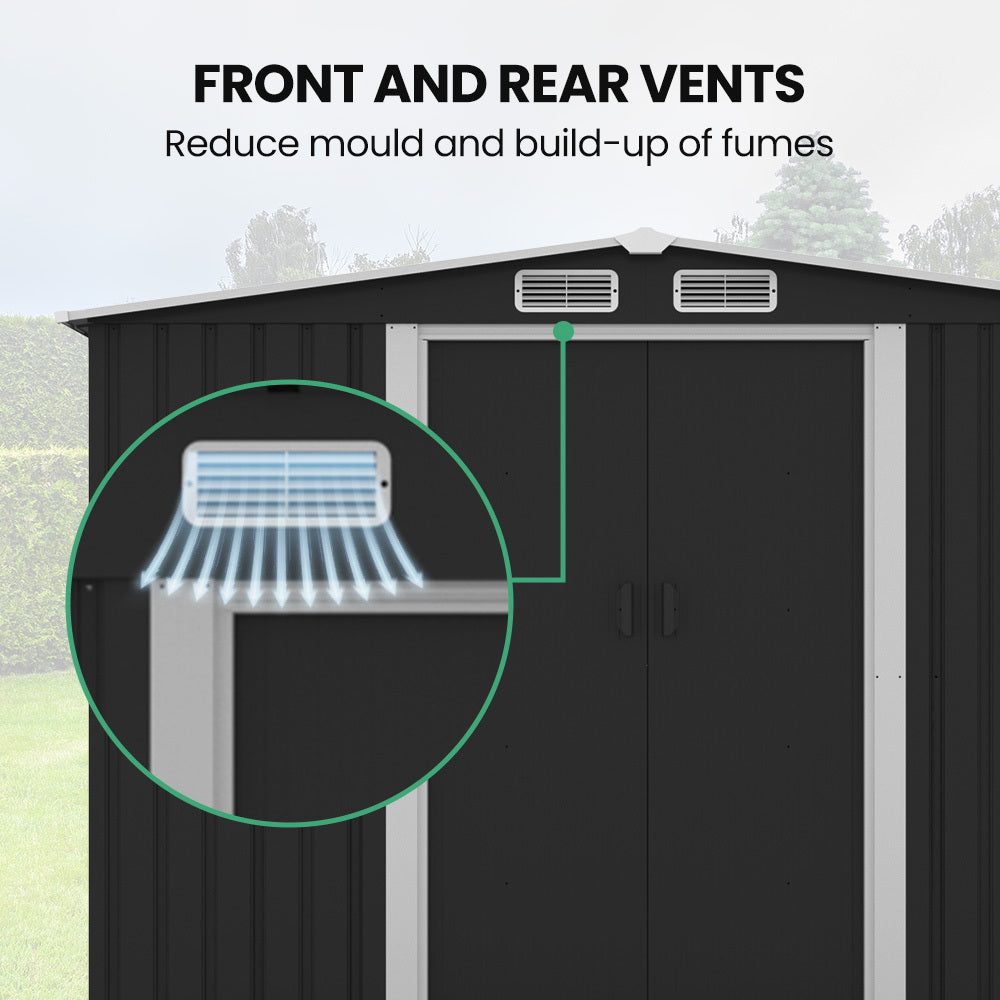 Sheds: PLANTCRAFT Galvanised Steel Garden Shed 2.58 x 2.07 x 2.02m, with 2 Sliding Doors, 4 Air Vents, Gable Roof, Floor Frame, Black