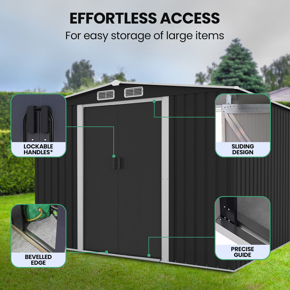 Sheds: PLANTCRAFT Galvanised Steel Garden Shed 2.58 x 2.07 x 2.02m, with 2 Sliding Doors, 4 Air Vents, Gable Roof, Floor Frame, Black