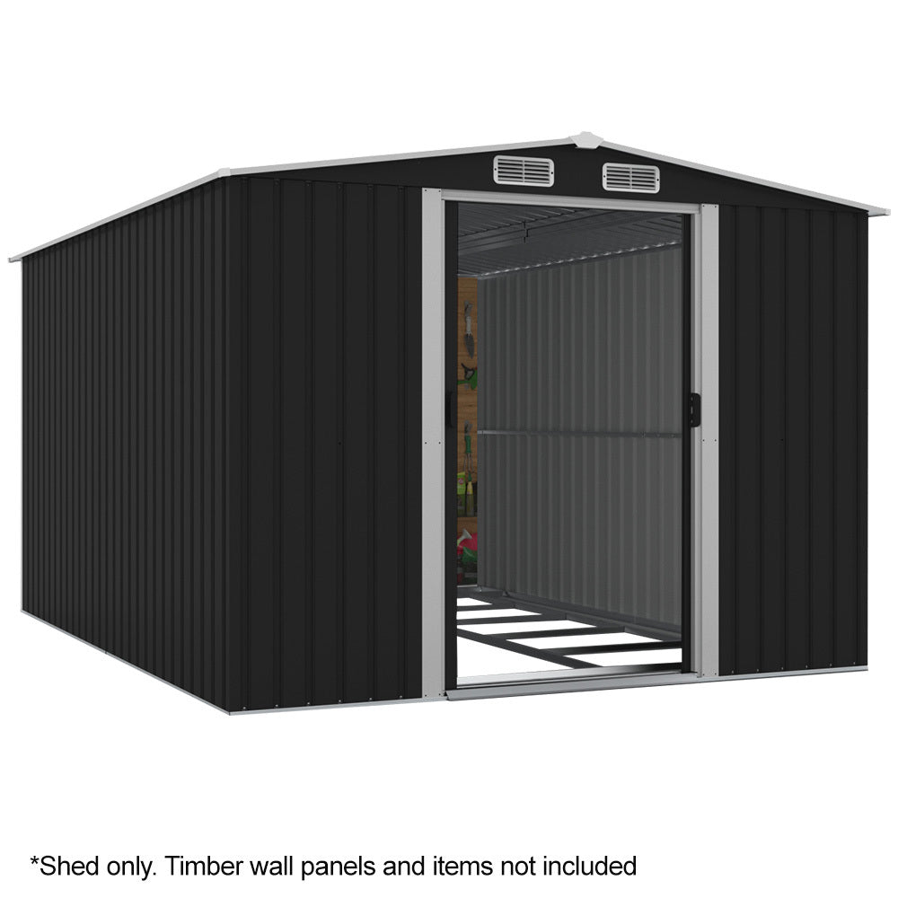 Sheds: PlantCraft Galvanised Steel Garden Shed 2.58 x 3.13 x 2.02m, with 2 Sliding Doors, 4 Air Vents, Gable Roof, Floor Frame