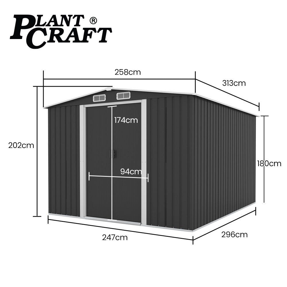 Sheds: PlantCraft Galvanised Steel Garden Shed 2.58 x 3.13 x 2.02m, with 2 Sliding Doors, 4 Air Vents, Gable Roof, Floor Frame