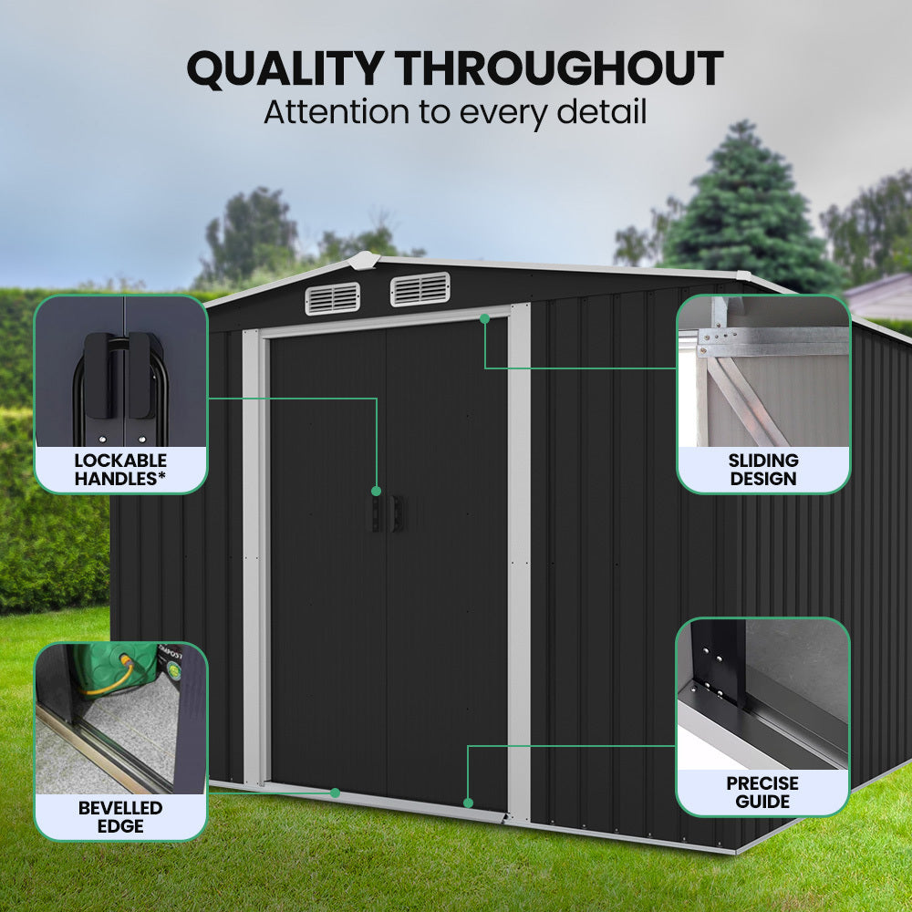 Sheds: PlantCraft Galvanised Steel Garden Shed 2.58 x 3.13 x 2.02m, with 2 Sliding Doors, 4 Air Vents, Gable Roof, Floor Frame