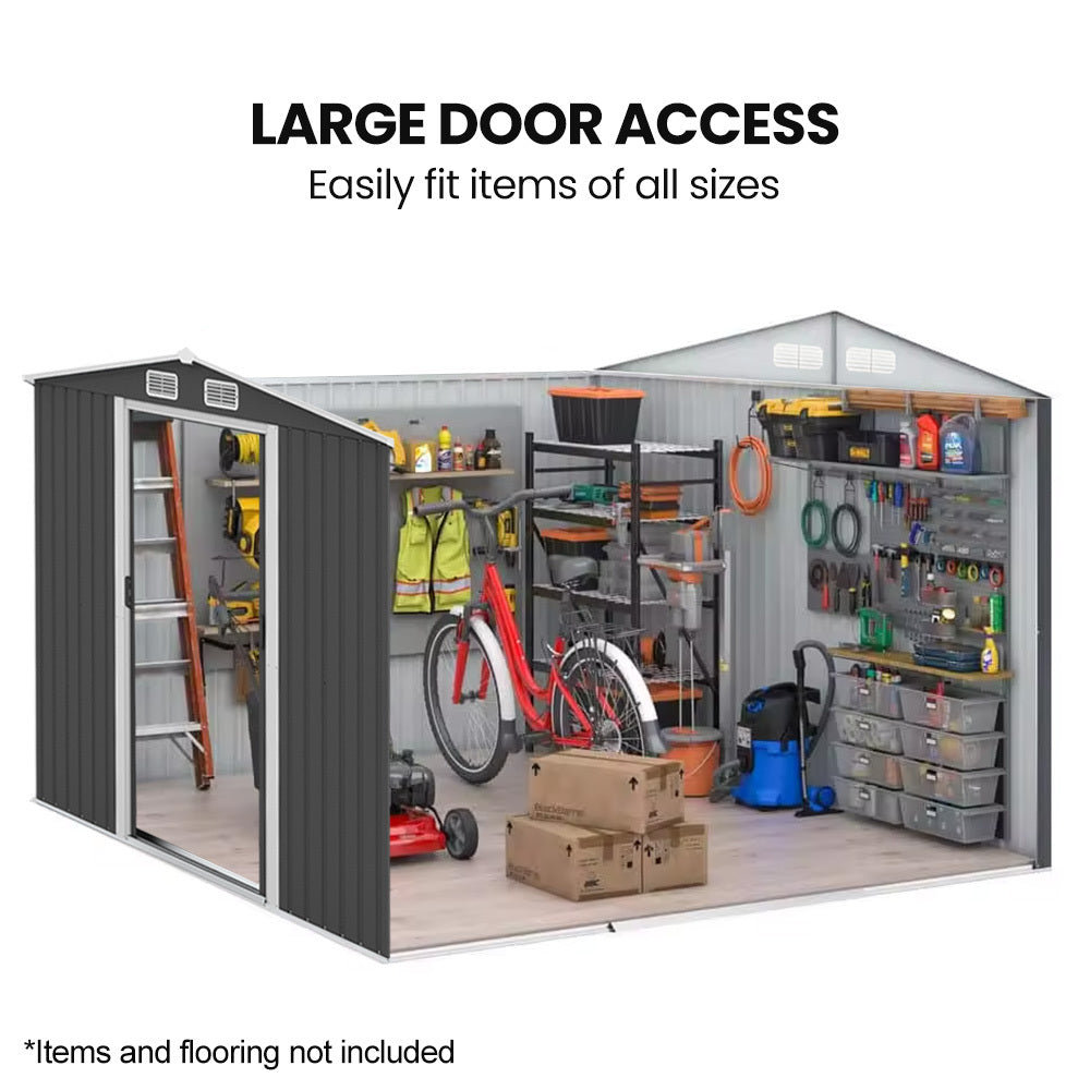 Sheds: PlantCraft Galvanised Steel Garden Shed 2.58 x 3.13 x 2.02m, with 2 Sliding Doors, 4 Air Vents, Gable Roof, Floor Frame