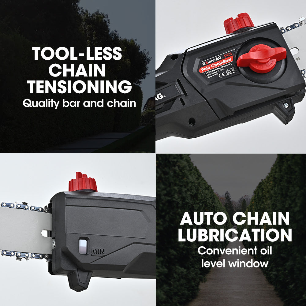 Chainsaws: BAUMR-AG 20V SYNC Cordless Pole Saw & Hedge Trimmer Combo, 8 inch Chainsaw Pruner, Telescopic Handle, with Battery and Charger Kit