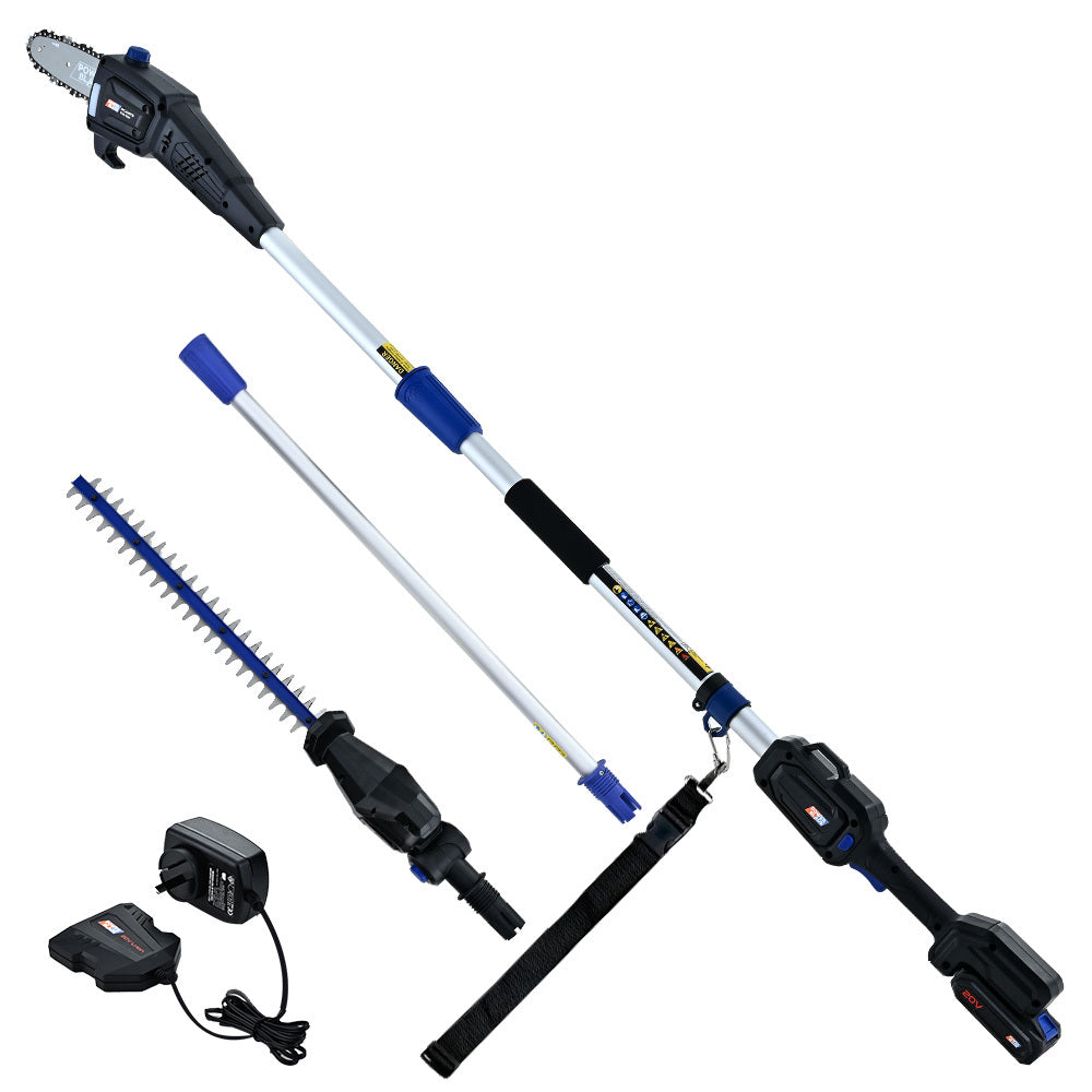 Chainsaws: POWERBLADE 20V Cordless Pole Saw & Hedge Trimmer Combo, 8" Chainsaw Pruner & 20" Hedger, Telescopic Handle, Battery and Fast Charger Kit