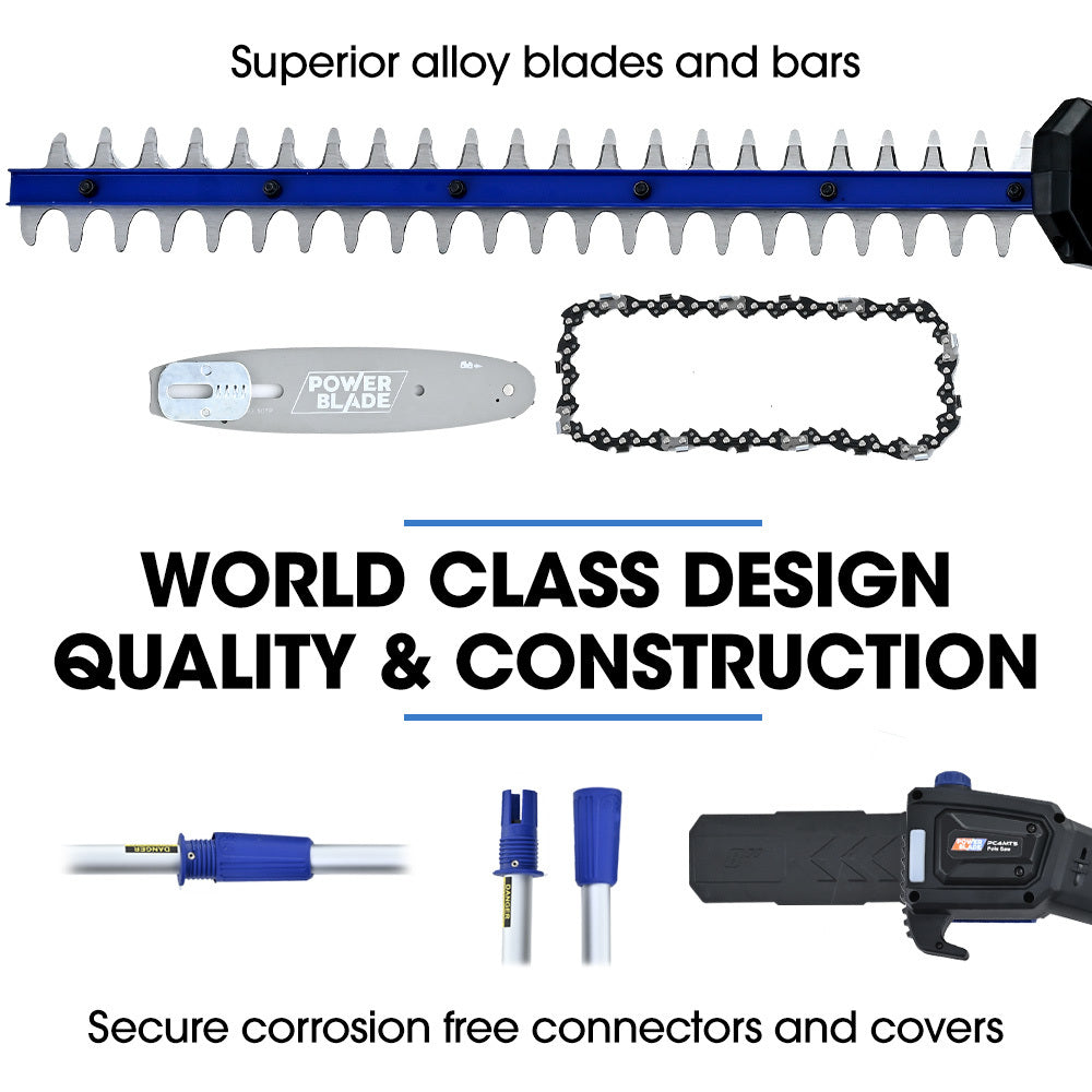 Chainsaws: POWERBLADE 20V Cordless Pole Saw & Hedge Trimmer Combo, 8" Chainsaw Pruner & 20" Hedger, Telescopic Handle, Battery and Fast Charger Kit