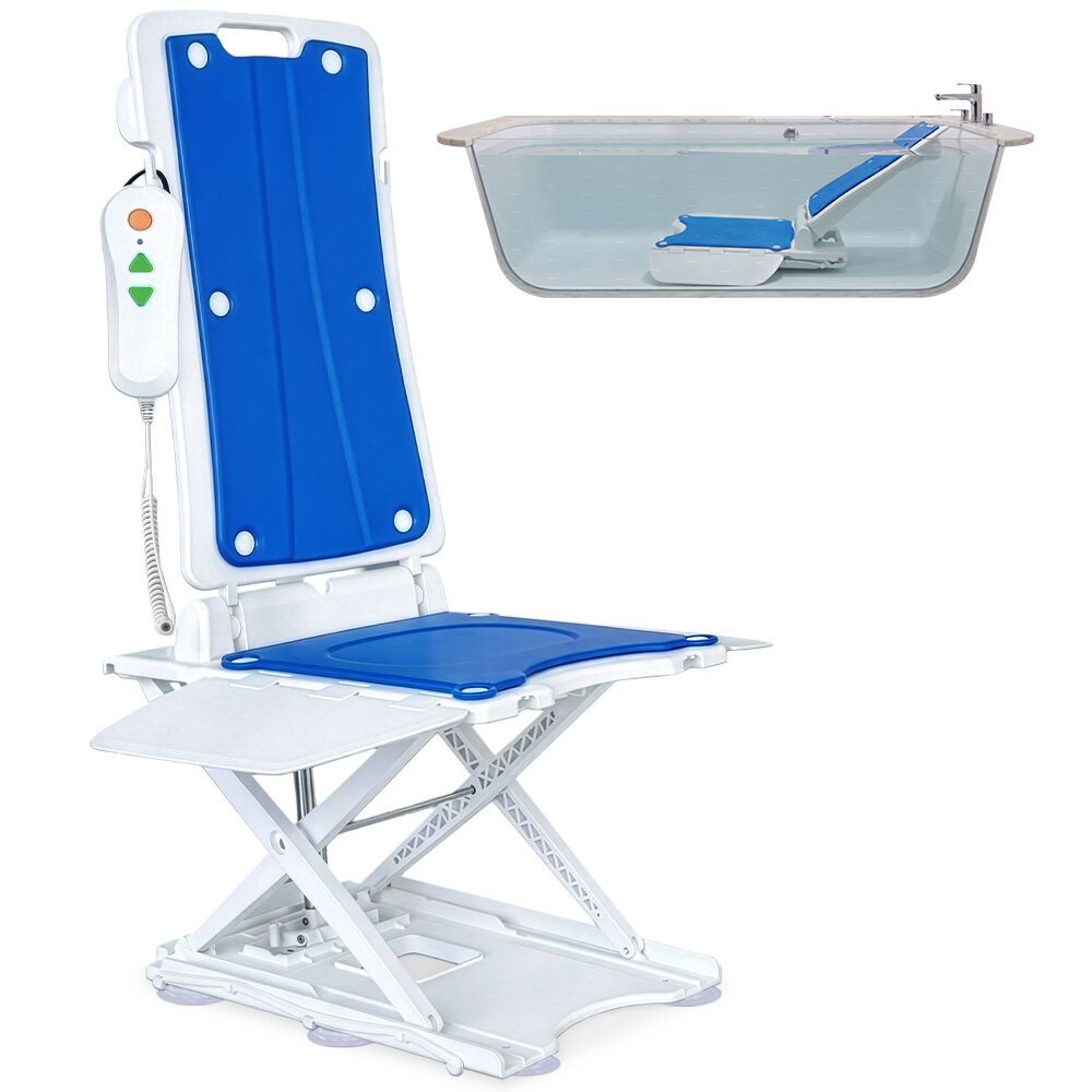 EQUIPMED Motorised Bath Lift Chair, Electric Battery Operated Reclining Seat, Bathing for Elderly & Disabled, 136kg Capacity Blue