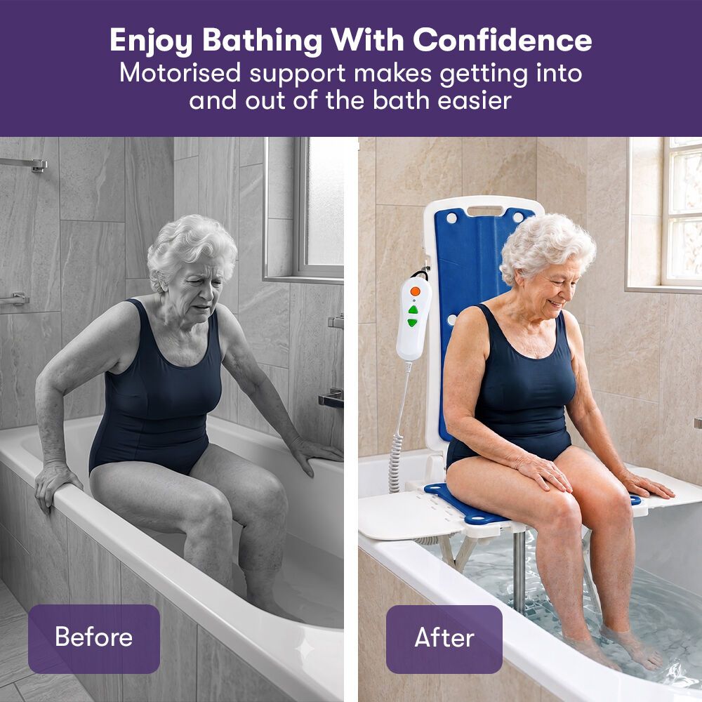 EQUIPMED Motorised Bath Lift Chair, Electric Battery Operated Reclining Seat, Bathing for Elderly & Disabled, 136kg Capacity Blue