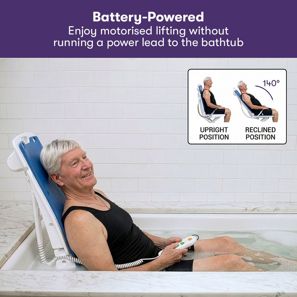 EQUIPMED Motorised Bath Lift Chair, Electric Battery Operated Reclining Seat, Bathing for Elderly & Disabled, 136kg Capacity Blue