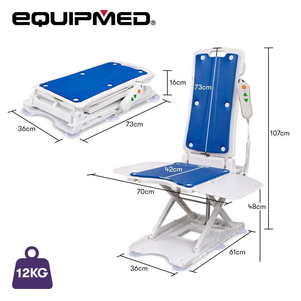 EQUIPMED Motorised Bath Lift Chair, Electric Battery Operated Reclining Seat, Bathing for Elderly & Disabled, 136kg Capacity Blue