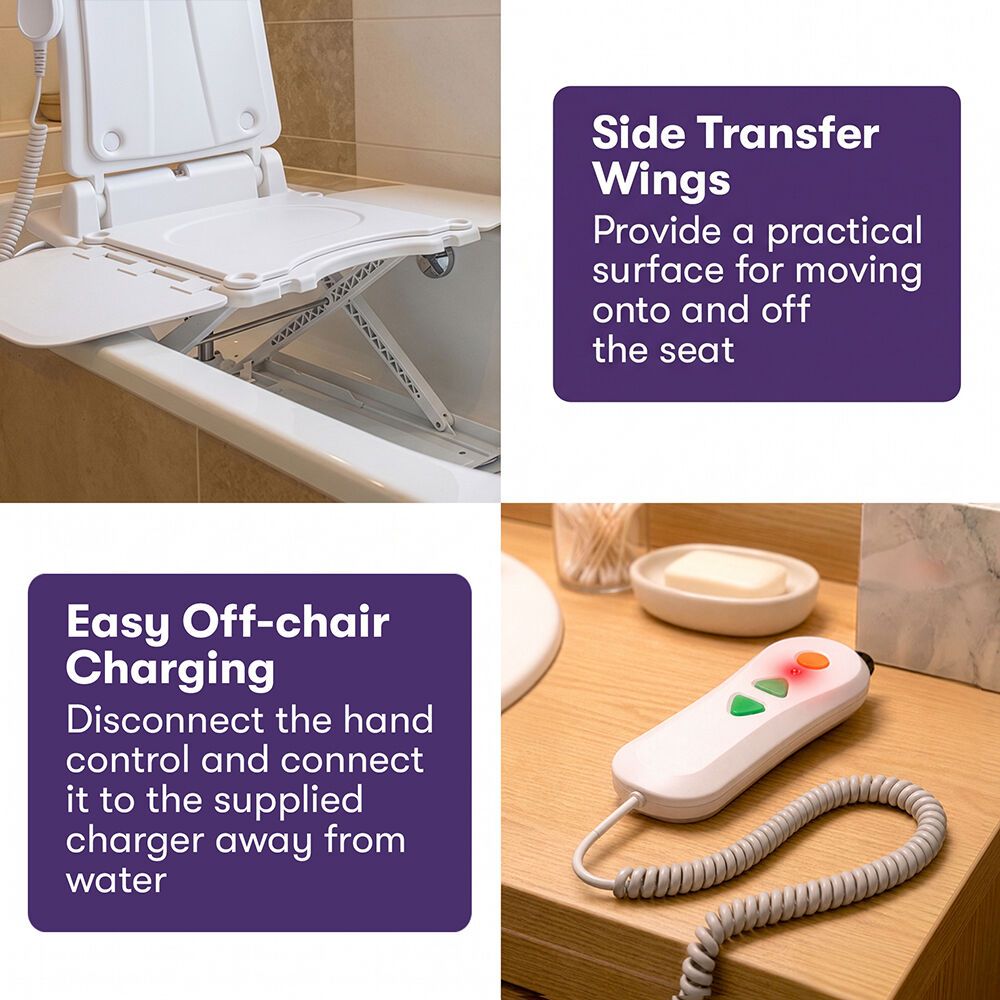 EQUIPMED Motorised Bath Lift Chair, Electric Battery Operated Reclining Seat, Bathing Aid for Elderly & Disabled, 136kg Capacity White