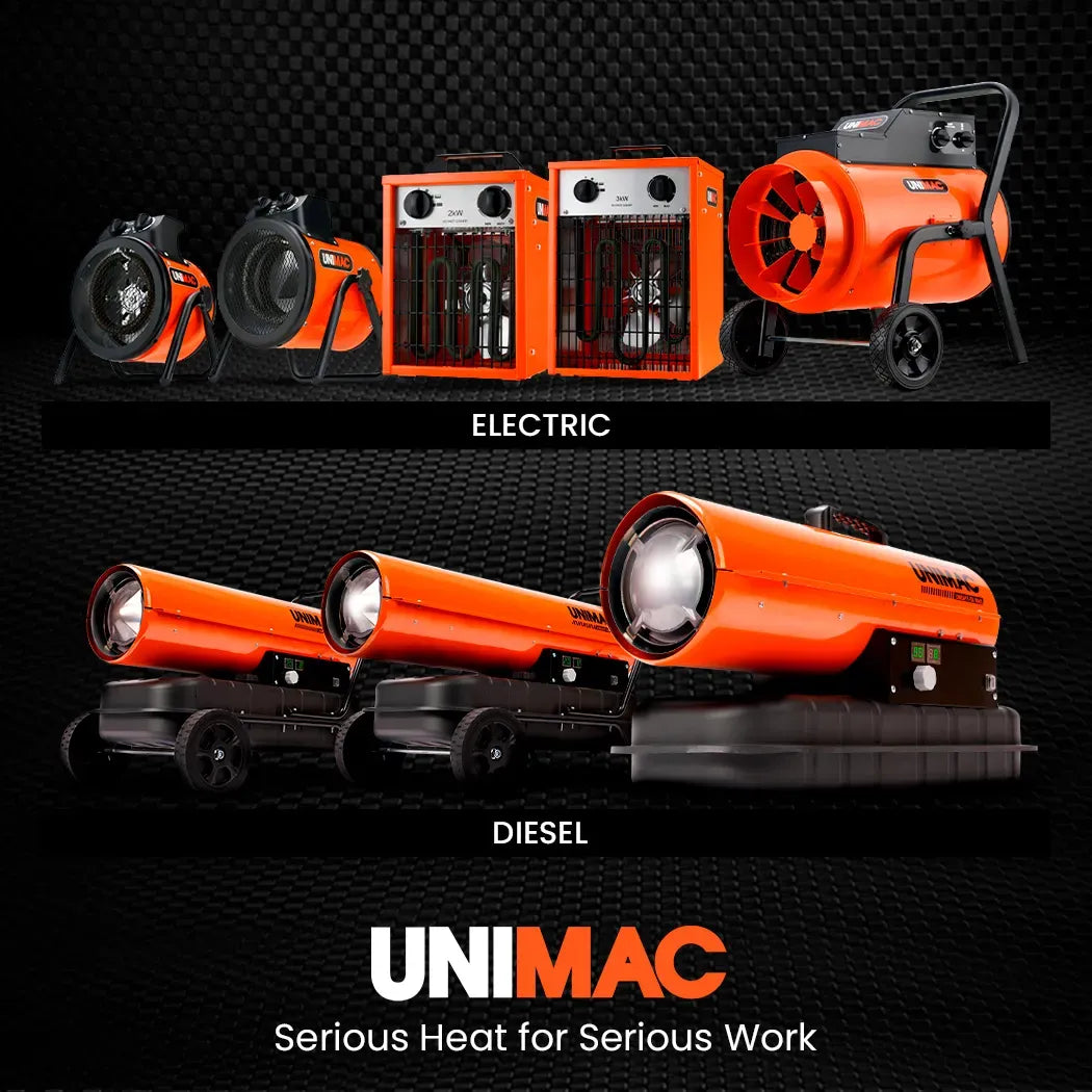 UNIMAC 2kW Industrial Electric Space Fan Heater, Tilt Angle, Fast Heating, 2 Heat Settings, Portable for Workshop and Garage Use