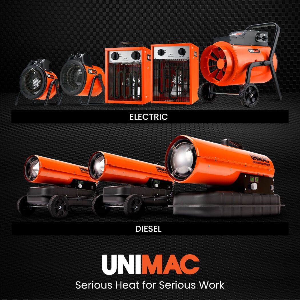 UNIMAC 15kW Portable Industrial Electric Space Fan Heater, 32A 3 Phase, Wheel Mounted, Adjustable Thermostat, High Power for Workshop and Warehouse Use