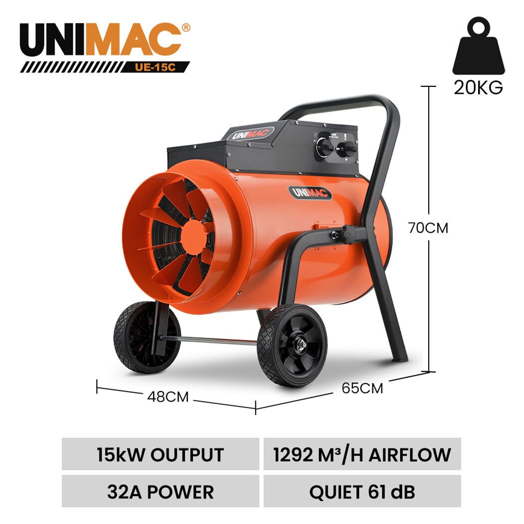 UNIMAC 15kW Portable Industrial Electric Space Fan Heater, 32A 3 Phase, Wheel Mounted, Adjustable Thermostat, High Power for Workshop and Warehouse Use