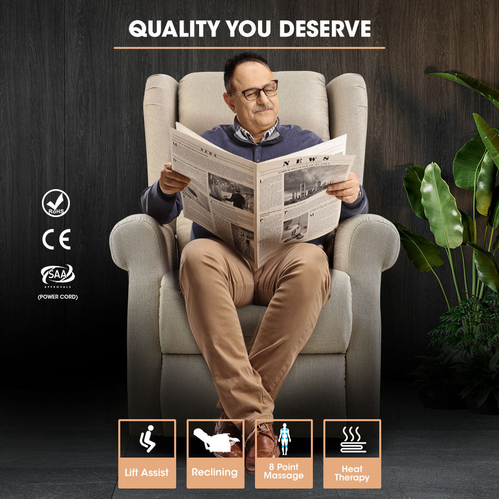 Massage Chairs: FORTIA Electric Recliner Lift Heat Chair for Elderly, Massage, Heat Therapy, Aged Care, Beige