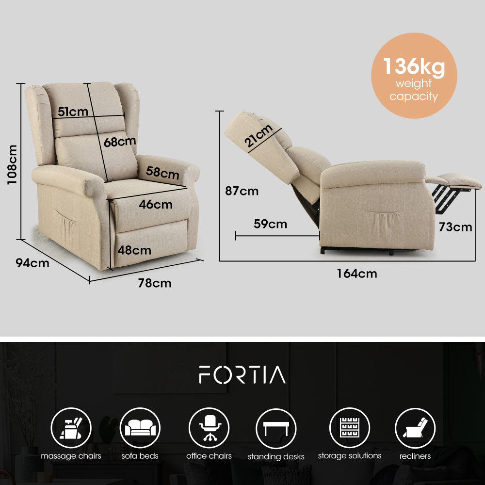Massage Chairs: FORTIA Electric Recliner Lift Heat Chair for Elderly, Massage, Heat Therapy, Aged Care, Beige