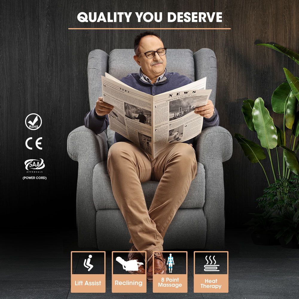 Massage Chairs: FORTIA Electric Recliner Lift Heat Chair for Elderly, Massage, Heat Therapy, Aged Care, Grey