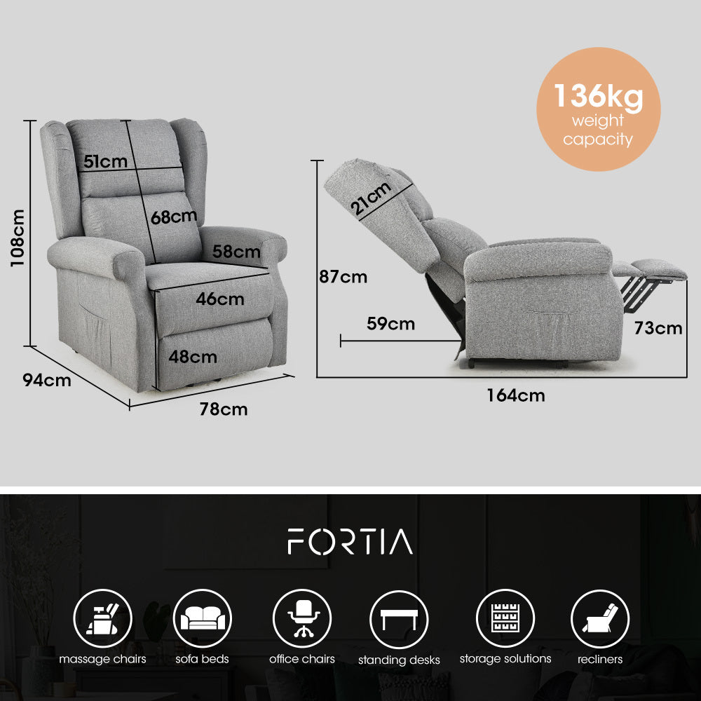 Massage Chairs: FORTIA Electric Recliner Lift Heat Chair for Elderly, Massage, Heat Therapy, Aged Care, Grey