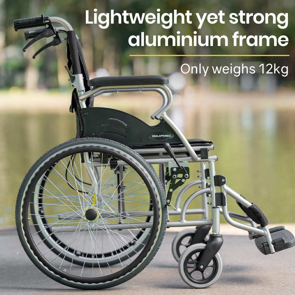Mobility & Accessibility: EQUIPMED 20 Inch Folding Wheelchair Lightweight Aluminium Portable with Park Brakes, Black