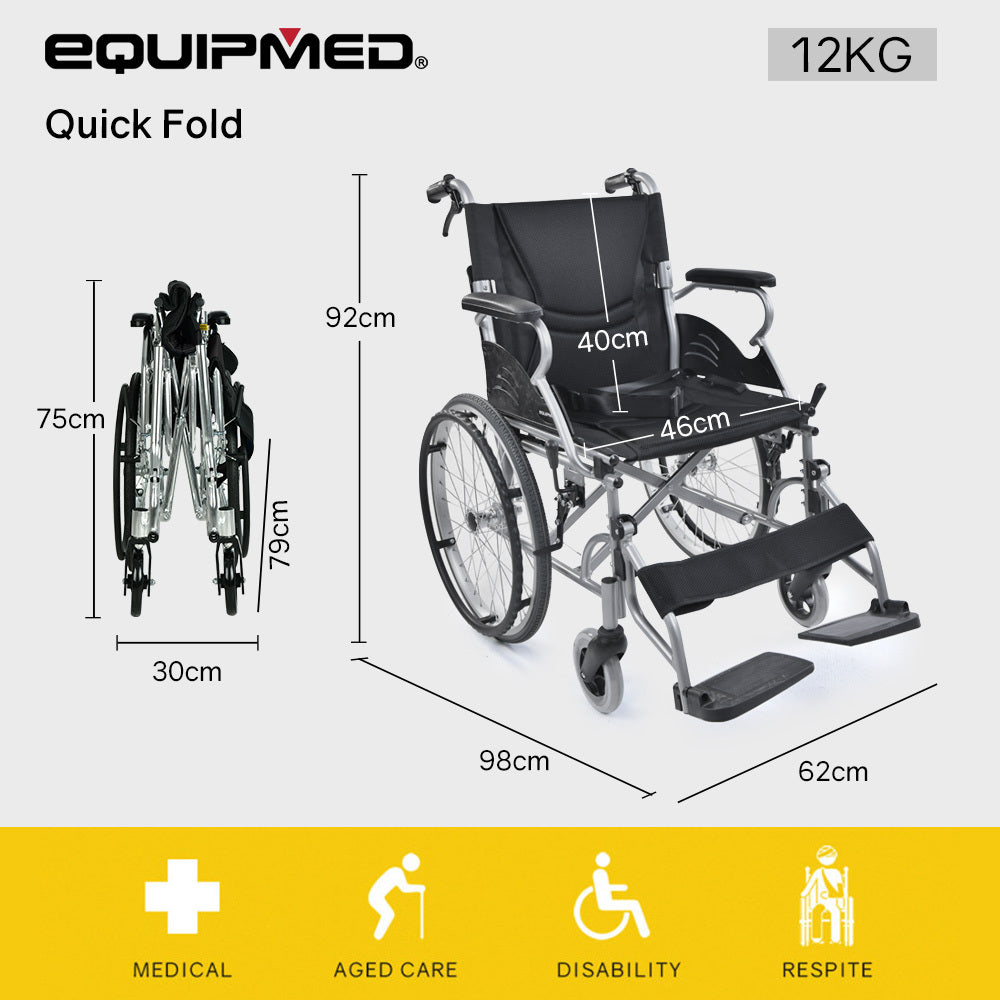 Mobility & Accessibility: EQUIPMED 20 Inch Folding Wheelchair Lightweight Aluminium Portable with Park Brakes, Black