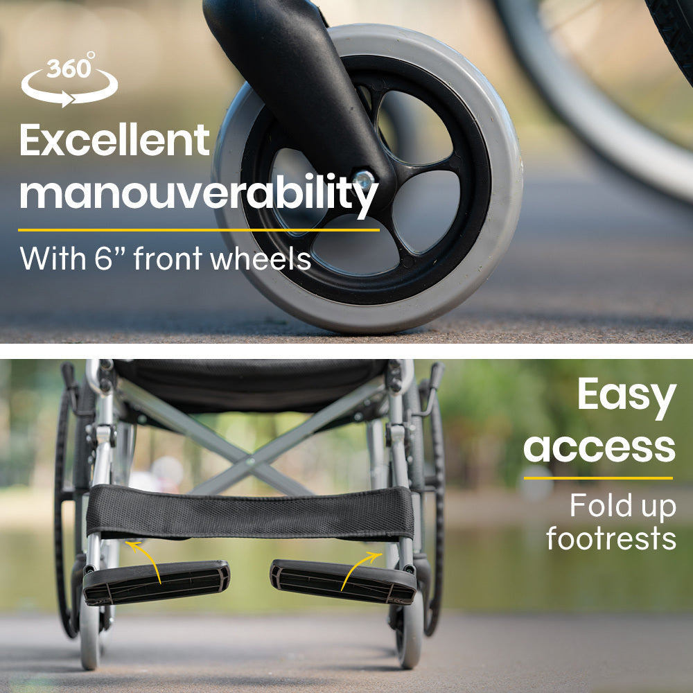 Mobility & Accessibility: EQUIPMED 20 Inch Folding Wheelchair Lightweight Aluminium Portable with Park Brakes, Black