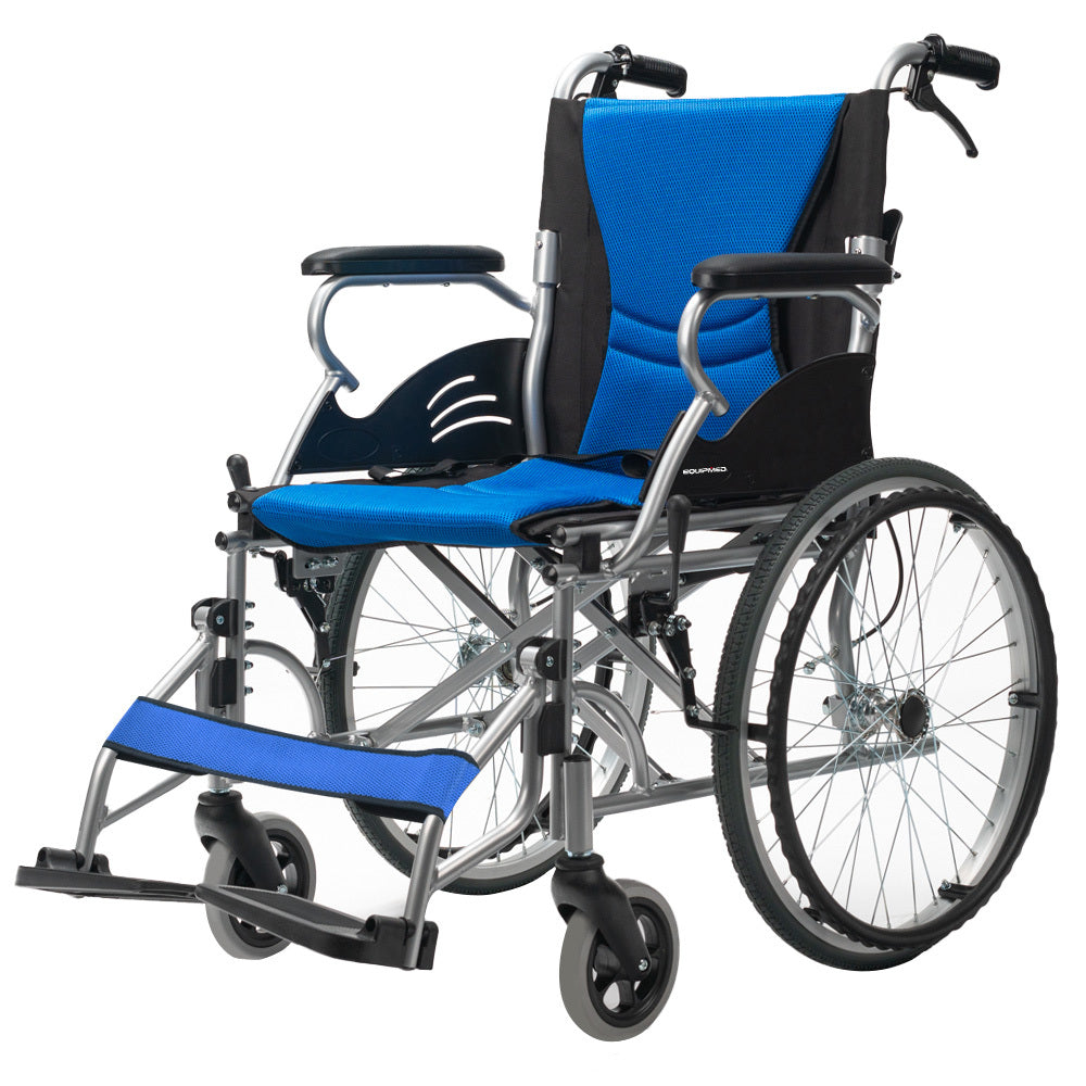 Mobility & Accessibility: EQUIPMED Folding Aluminium Wheelchair, 20" Wheels, Park Brakes, 100kg Capacity, Blue