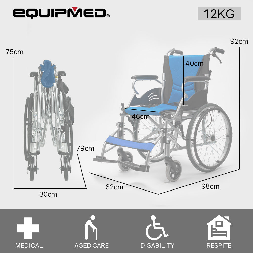 Mobility & Accessibility: EQUIPMED Folding Aluminium Wheelchair, 20" Wheels, Park Brakes, 100kg Capacity, Blue