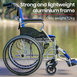 Mobility & Accessibility: EQUIPMED Folding Aluminium Wheelchair, 20" Wheels, Park Brakes, 100kg Capacity, Blue