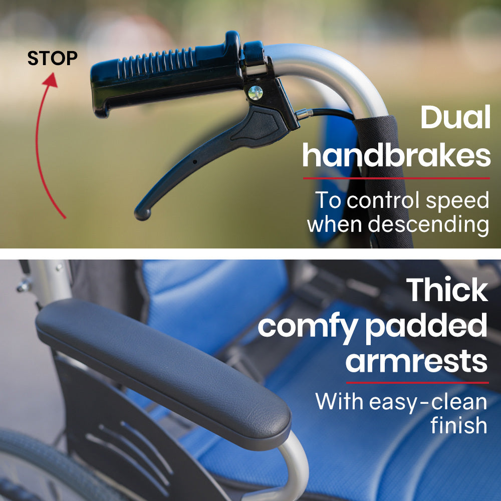 Mobility & Accessibility: EQUIPMED Folding Aluminium Wheelchair, 20" Wheels, Park Brakes, 100kg Capacity, Blue