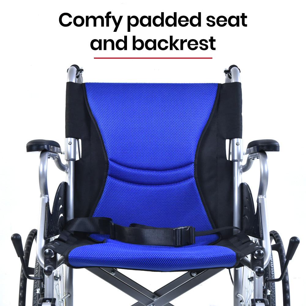 Mobility & Accessibility: EQUIPMED Folding Aluminium Wheelchair, 20" Wheels, Park Brakes, 100kg Capacity, Blue