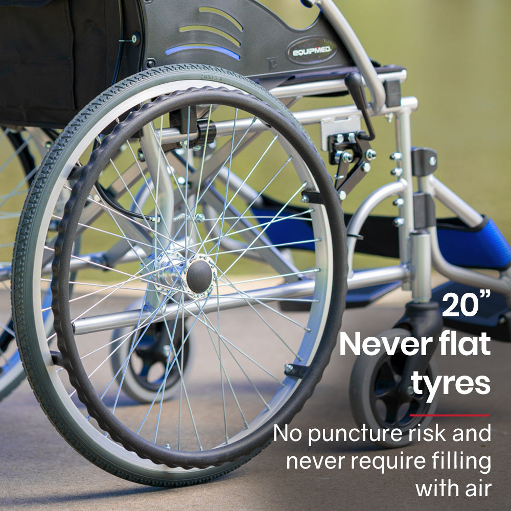 Mobility & Accessibility: EQUIPMED Folding Aluminium Wheelchair, 20" Wheels, Park Brakes, 100kg Capacity, Blue