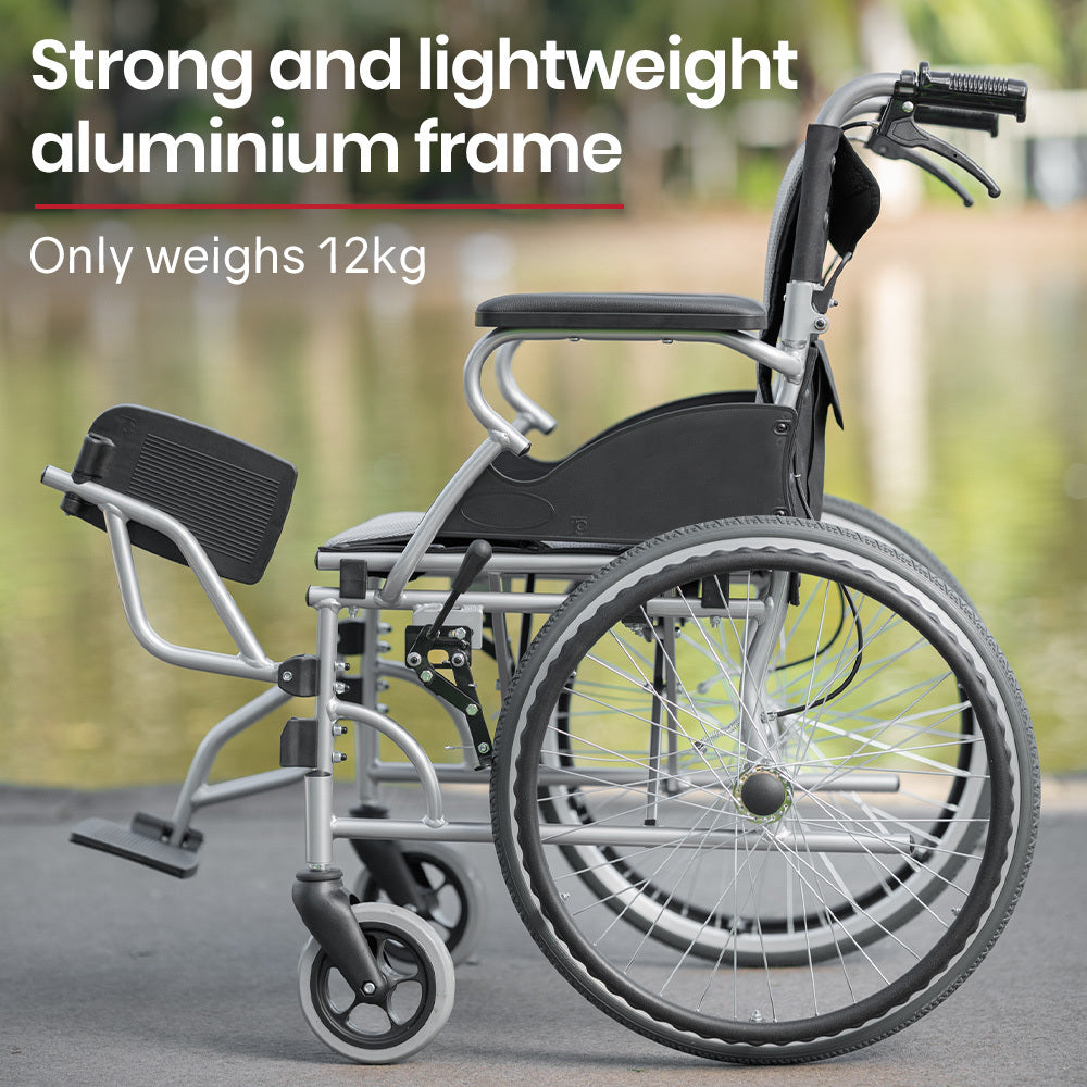 EQUIPMED Folding Aluminium Wheelchair, 20" Wheels, Park Brakes, 100kg Capacity, Grey/Black
