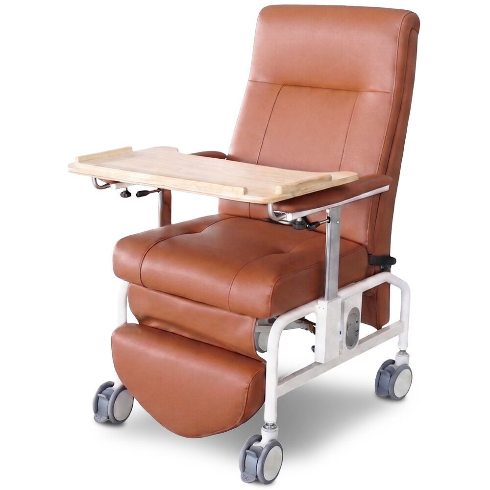 EQUIPMED Mobile High-Back Reclining Day Chair, Adjustable and Removable Meal Tray, Drop Down Armrests, 3 Heights, Leg Rest, Waterproof Leatherette