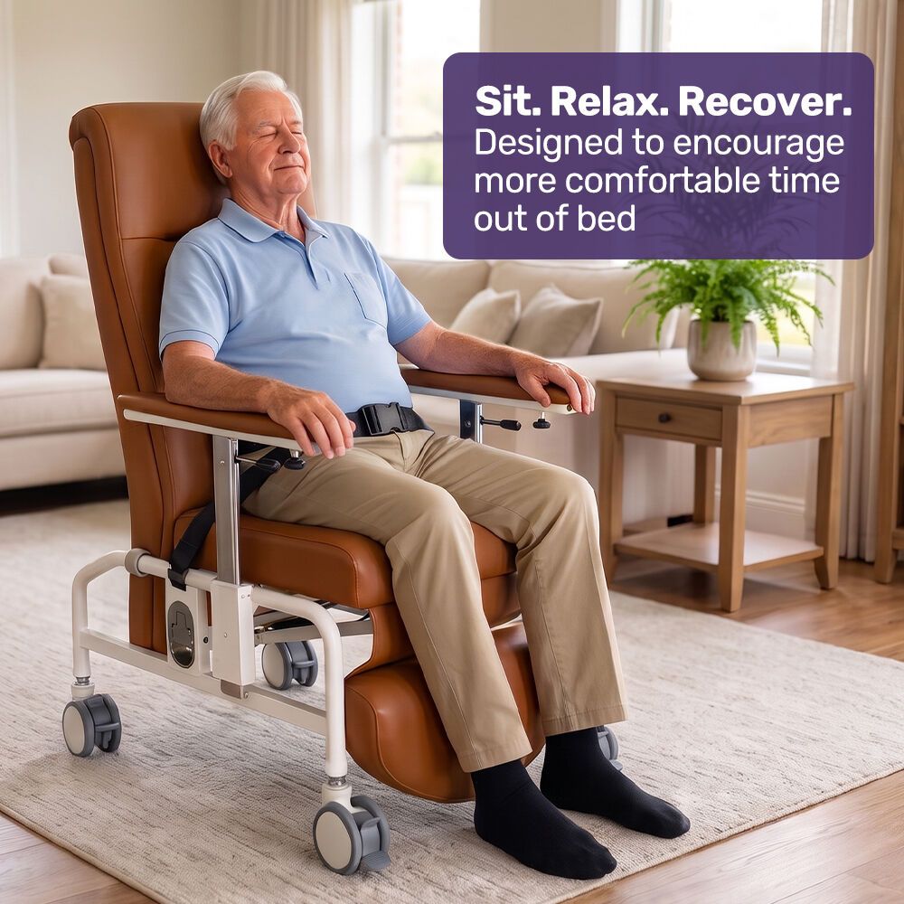 EQUIPMED Mobile High-Back Reclining Day Chair, Adjustable and Removable Meal Tray, Drop Down Armrests, 3 Heights, Leg Rest, Waterproof Leatherette