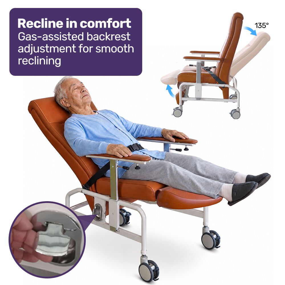 EQUIPMED Mobile High-Back Reclining Day Chair, Adjustable and Removable Meal Tray, Drop Down Armrests, 3 Heights, Leg Rest, Waterproof Leatherette