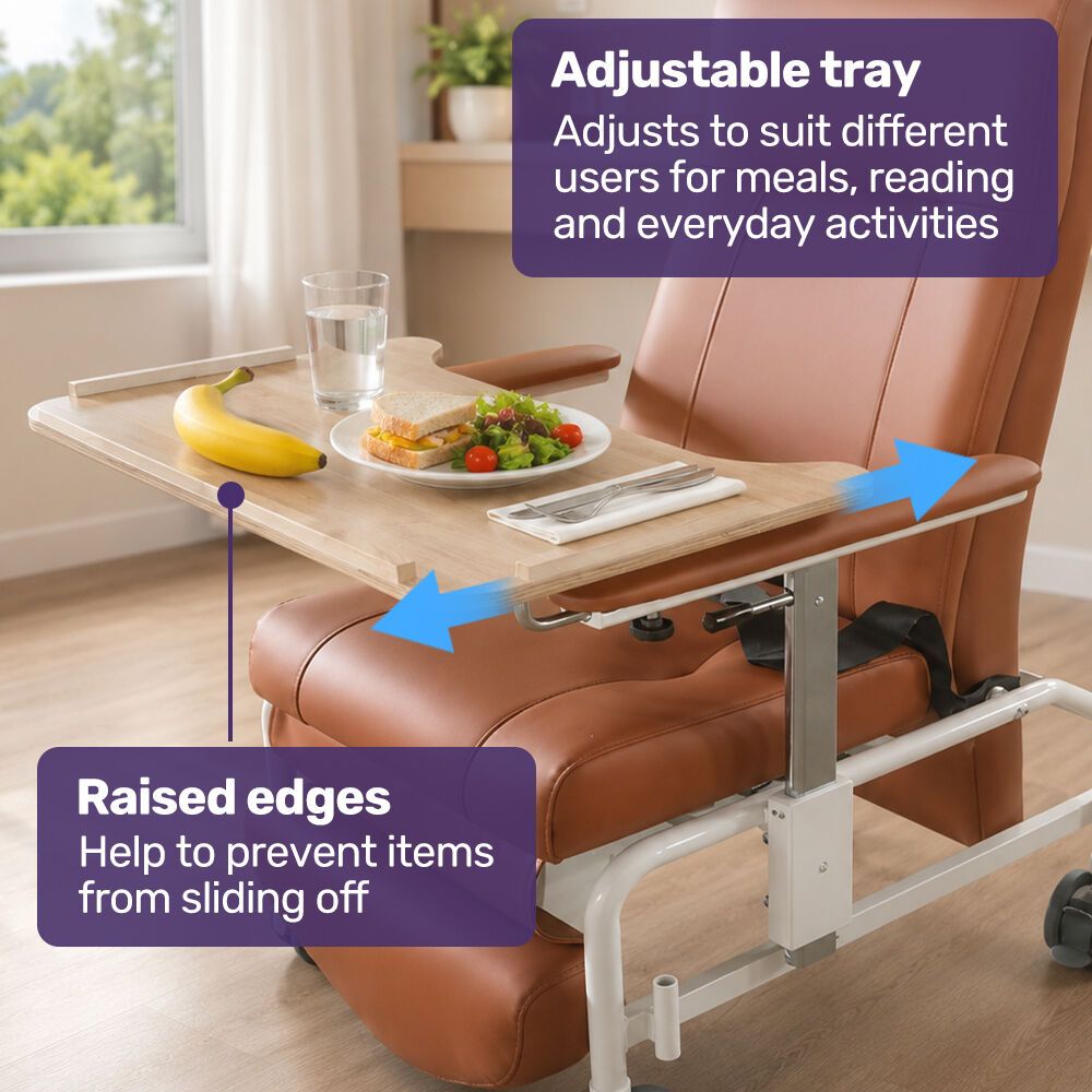 EQUIPMED Mobile High-Back Reclining Day Chair, Adjustable and Removable Meal Tray, Drop Down Armrests, 3 Heights, Leg Rest, Waterproof Leatherette