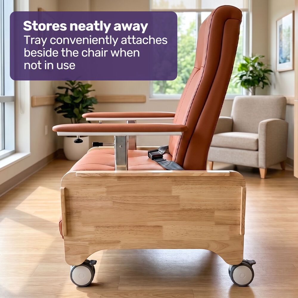 EQUIPMED Mobile High-Back Reclining Day Chair, Adjustable and Removable Meal Tray, Drop Down Armrests, 3 Heights, Leg Rest, Waterproof Leatherette