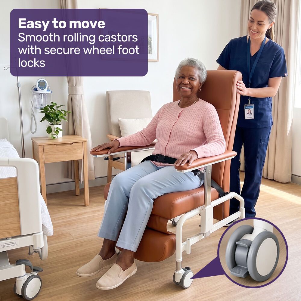 EQUIPMED Mobile High-Back Reclining Day Chair, Adjustable and Removable Meal Tray, Drop Down Armrests, 3 Heights, Leg Rest, Waterproof Leatherette