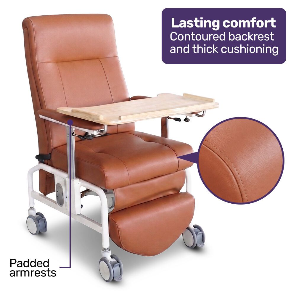 EQUIPMED Mobile High-Back Reclining Day Chair, Adjustable and Removable Meal Tray, Drop Down Armrests, 3 Heights, Leg Rest, Waterproof Leatherette
