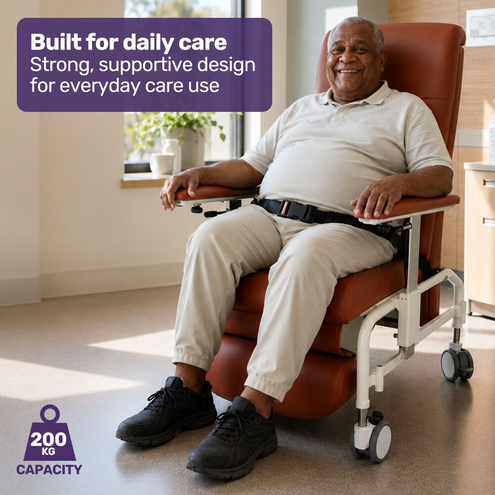 EQUIPMED Mobile High-Back Reclining Day Chair, Adjustable and Removable Meal Tray, Drop Down Armrests, 3 Heights, Leg Rest, Waterproof Leatherette