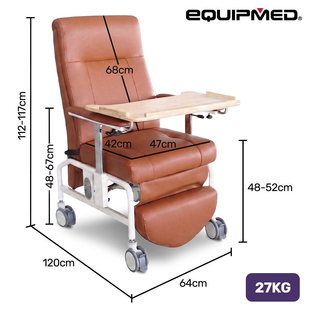 EQUIPMED Mobile High-Back Reclining Day Chair, Adjustable and Removable Meal Tray, Drop Down Armrests, 3 Heights, Leg Rest, Waterproof Leatherette