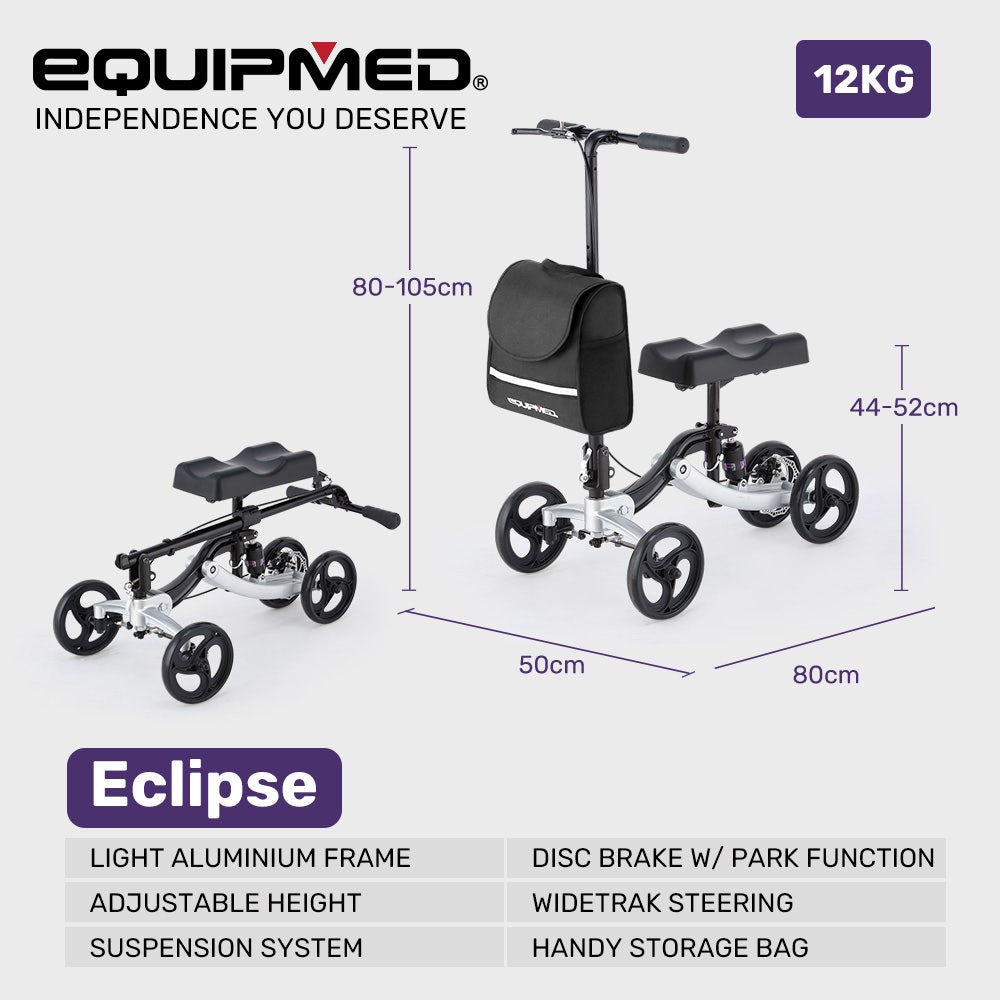 Mobility & Accessibility: EQUIPMED Knee Scooter Walker, Disc Brake - Suspension Bag - Broken Leg Ankle Foot Mobility - Crutches Alternative -