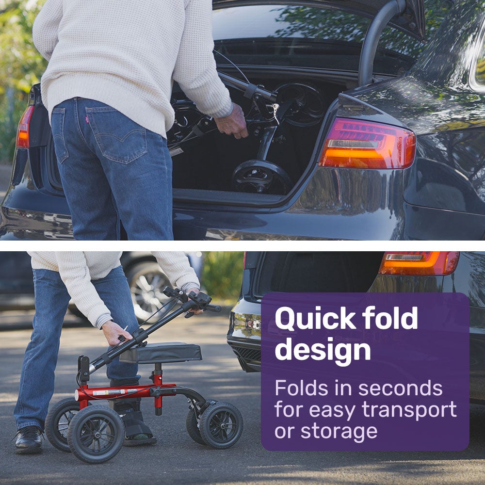Mobility & Accessibility: Equipmed Knee Scooter Walker, Dual Brakes - Bag - Broken Leg Ankle Foot Mobility - Crutches Alternative - Red