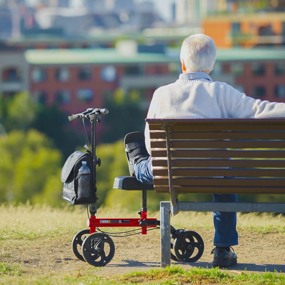 Mobility & Accessibility: Equipmed Knee Scooter Walker, Dual Brakes - Bag - Broken Leg Ankle Foot Mobility - Crutches Alternative - Red