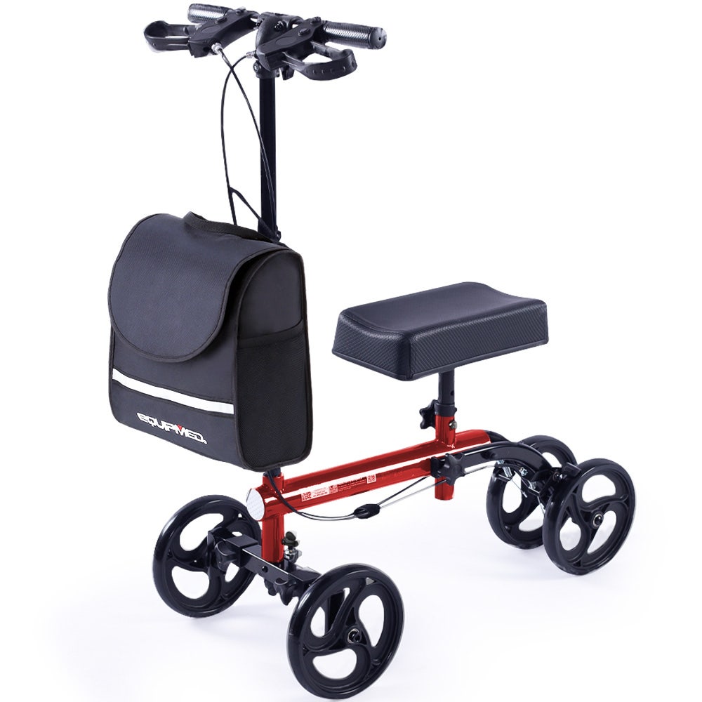 Mobility & Accessibility: Equipmed Knee Scooter Walker, Dual Brakes - Bag - Broken Leg Ankle Foot Mobility - Crutches Alternative - Red