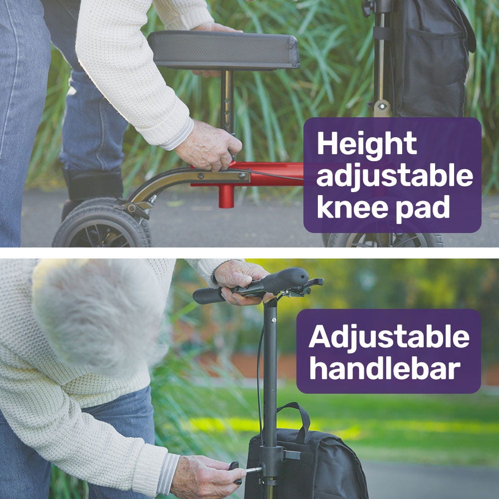 Mobility & Accessibility: Equipmed Knee Scooter Walker, Dual Brakes - Bag - Broken Leg Ankle Foot Mobility - Crutches Alternative - Red