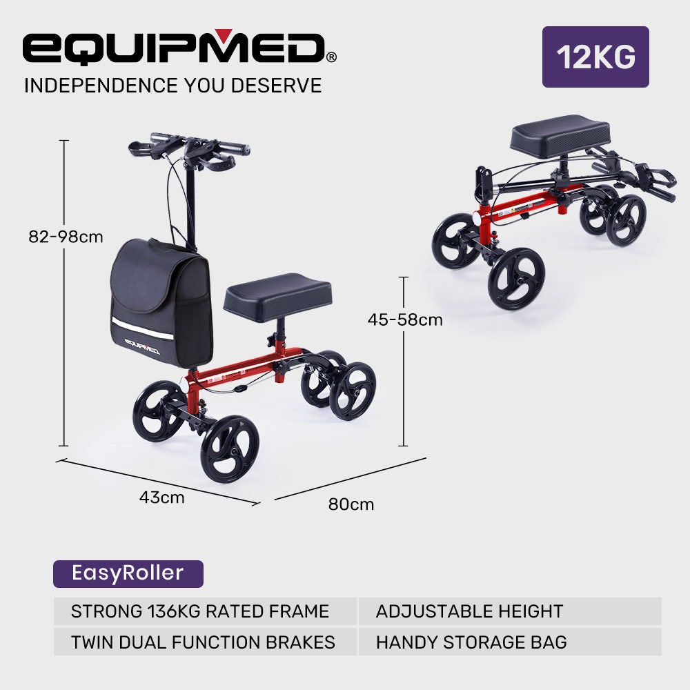 Mobility & Accessibility: Equipmed Knee Scooter Walker, Dual Brakes - Bag - Broken Leg Ankle Foot Mobility - Crutches Alternative - Red