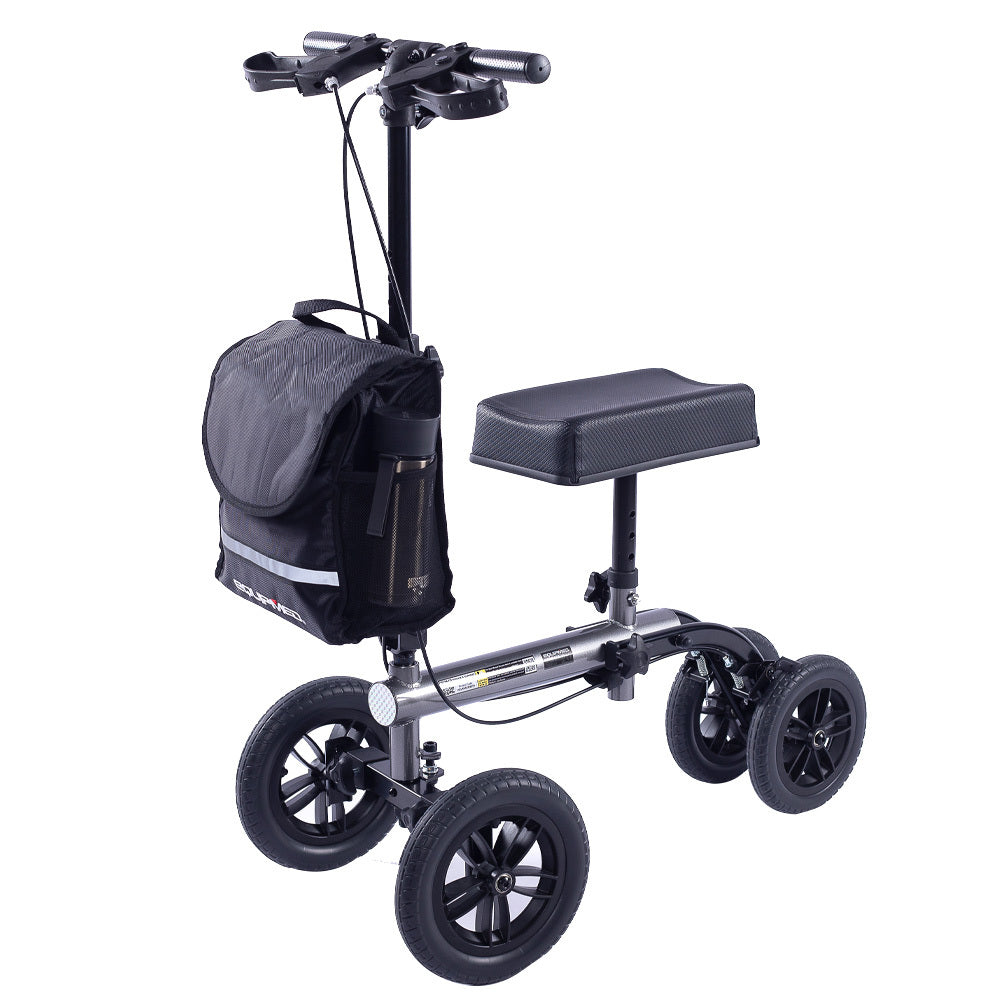 Mobility & Accessibility: EQUIPMED Knee Scooter Walker, 10 inch Tyres Dual Brakes Bag - Broken Leg Ankle Foot Mobility - Crutches Alternative - Titanium colour