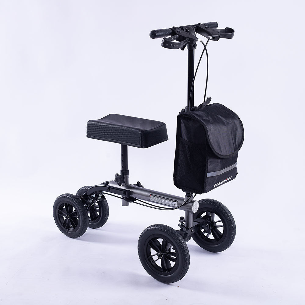 Mobility & Accessibility: EQUIPMED Knee Scooter Walker, 10 inch Tyres Dual Brakes Bag - Broken Leg Ankle Foot Mobility - Crutches Alternative - Titanium colour