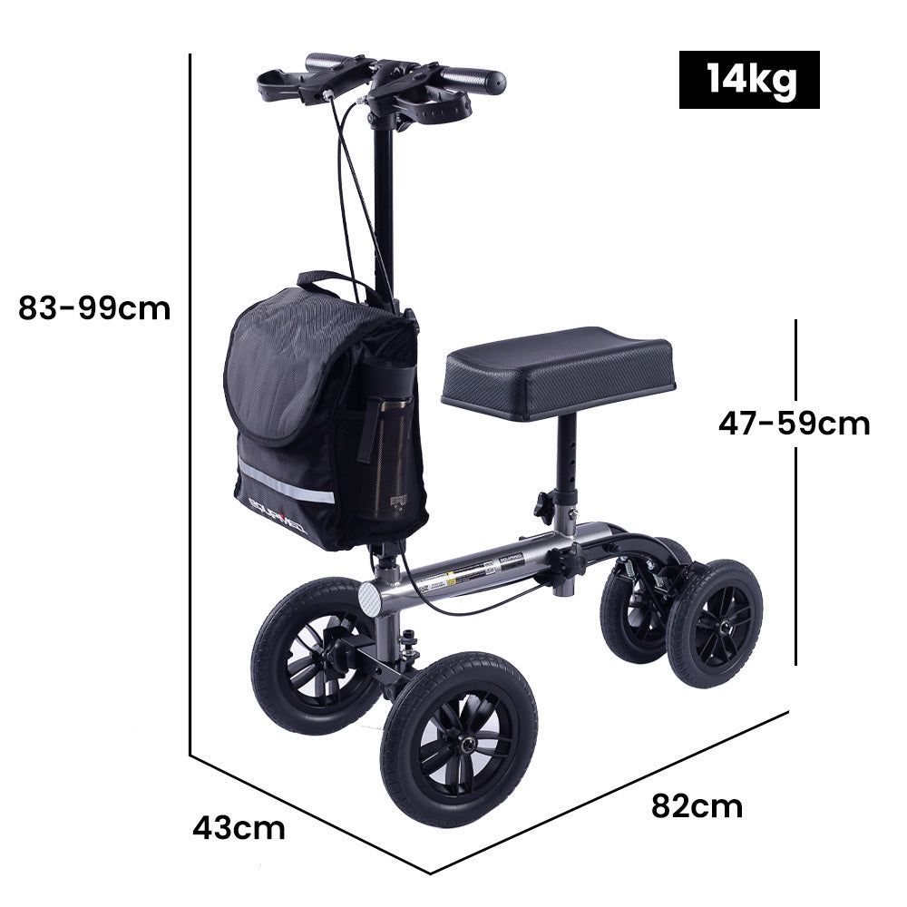 Mobility & Accessibility: EQUIPMED Knee Scooter Walker, 10 inch Tyres Dual Brakes Bag - Broken Leg Ankle Foot Mobility - Crutches Alternative - Titanium colour
