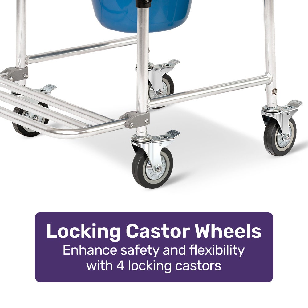Equipmed Commode Shower Chair, Over Toilet or Bedside 136kg Capacity Aluminium frame with Wheels, White/Blue